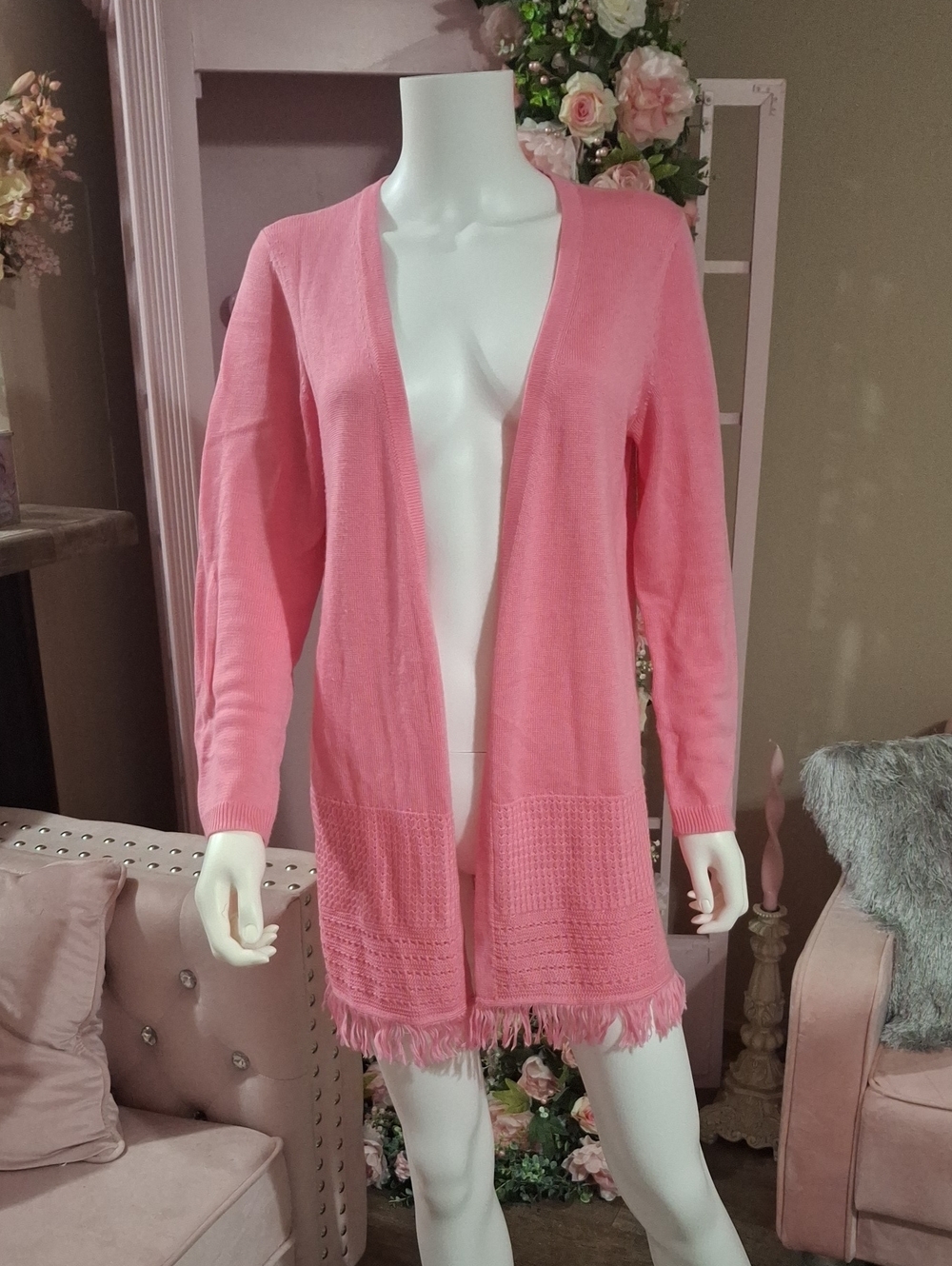 TALBOTS  Pink Open-Front Fringe Hem Women's Cardigan Sweater SIZE M